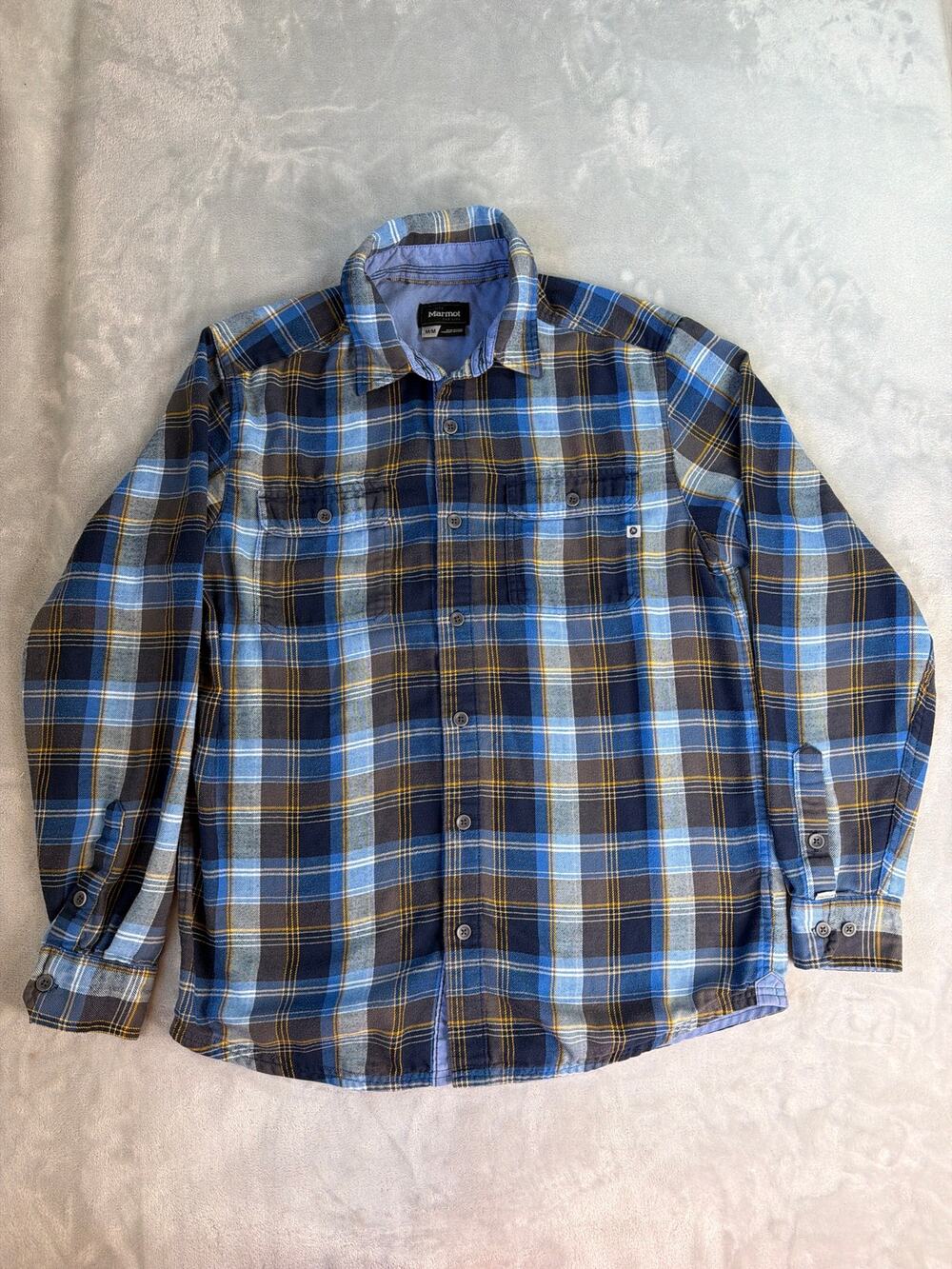 Marmot Plaid Flannel Shirt Mens Medium M Blue Gray Long Sleeve Button Down